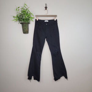 Flying Monkey Flare Distressed Ripped Knee Raw Hem Jeans Black Chewed Bootcut 27